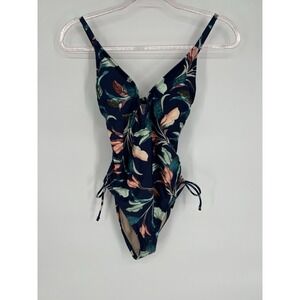 Mynah Cheerful Navy Floral Scoop Cutout One‎ Piece Swimsuit Womens Sz XS Org $84